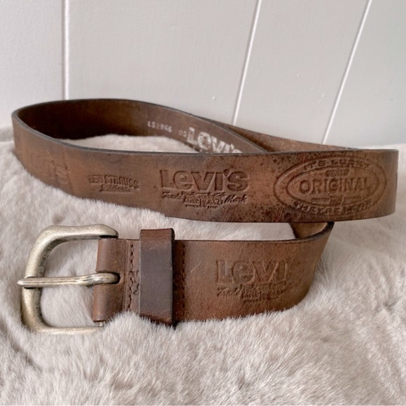 Levi's Other - Vintage Levi’s Multi Logo Leather Belt Brown LS2866 Logos 34 Silver Distressed
